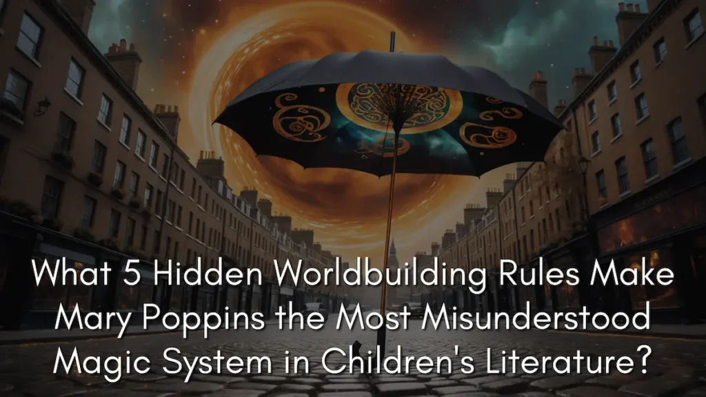 Mary Poppins worldbuilding rules blog banner showing a black umbrella in a London street with a cosmic portal in the background.