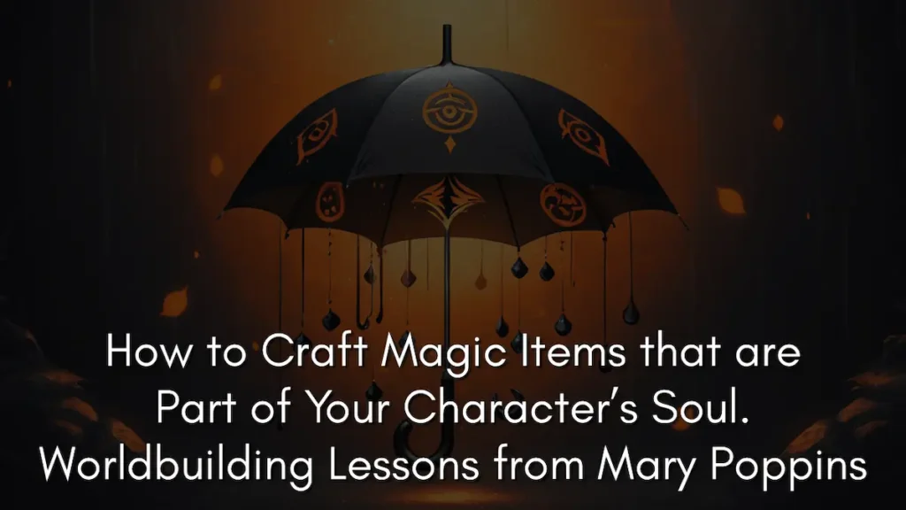 A digital illustration of a black umbrella decorated with golden mystical eye symbols and droplets hanging from the ribs. This serves as a banner for a worldbuilding guide on character-based magic items, inspired by Mary Poppins' iconic accessories.