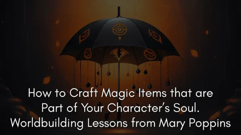 A digital illustration of a black umbrella decorated with golden mystical eye symbols and droplets hanging from the ribs. This serves as a banner for a worldbuilding guide on character-based magic items, inspired by Mary Poppins' iconic accessories.