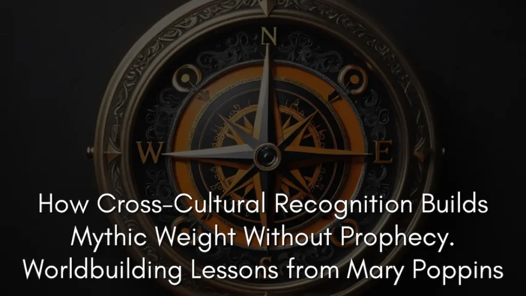 A close-up of a highly detailed, vintage brass compass with golden and copper filigree. The needle points North, surrounded by cardinal directions (N, E, S, W) and mystical, circular etchings. This serves as the banner for an article on building mythic weight in worldbuilding through cross-cultural recognition.