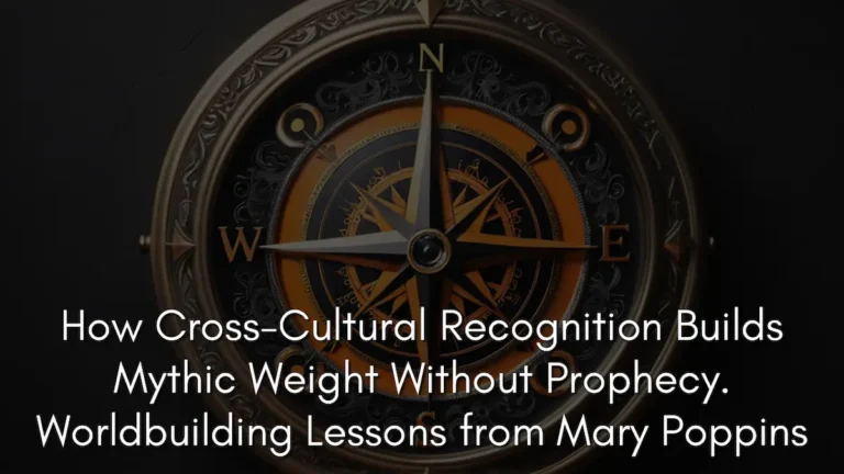 A close-up of a highly detailed, vintage brass compass with golden and copper filigree. The needle points North, surrounded by cardinal directions (N, E, S, W) and mystical, circular etchings. This serves as the banner for a worldbuilding article on building mythic weight through cross-cultural recognition.