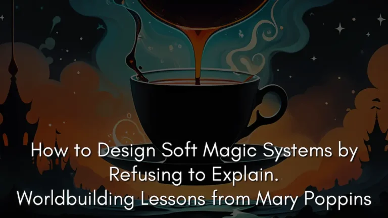A digital illustration of a dark tea cup being filled with a glowing, amber liquid. Swirls of mystical smoke and silhouettes of Victorian-style buildings appear in the background, serving as a banner for a worldbuilding article on soft magic systems in Mary Poppins.