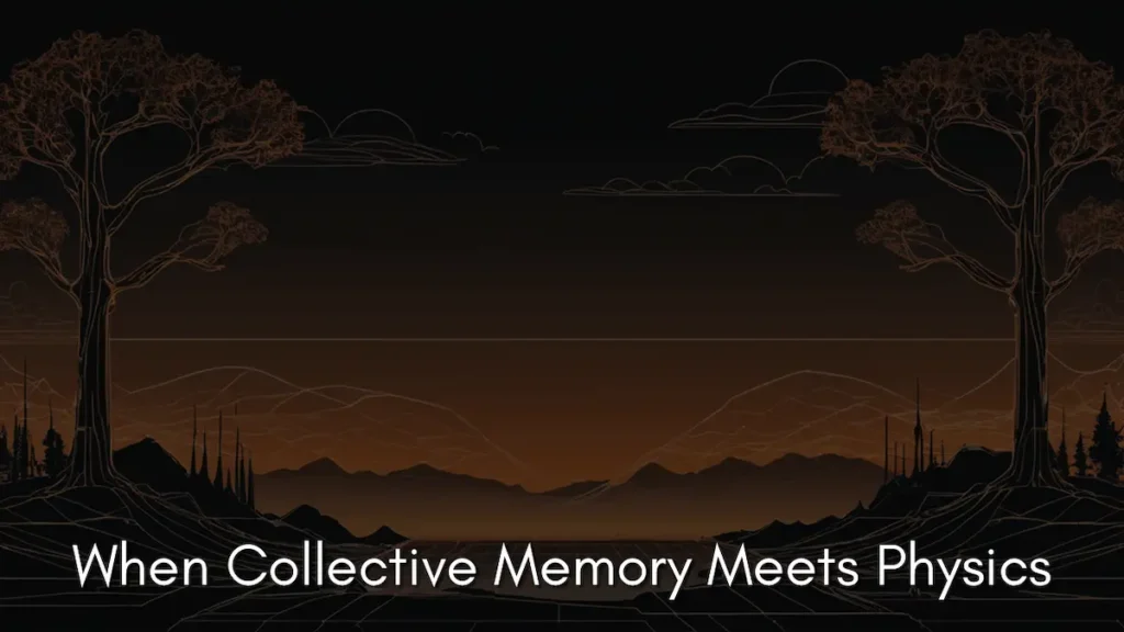 A dark, symmetrical landscape illustration in amber and black tones, featuring the silhouettes of two large trees on either side. Wireframe mountain ranges and thin, horizontal lines create a digital-looking horizon. White text at the bottom reads: When Collective Memory Meets Physics.