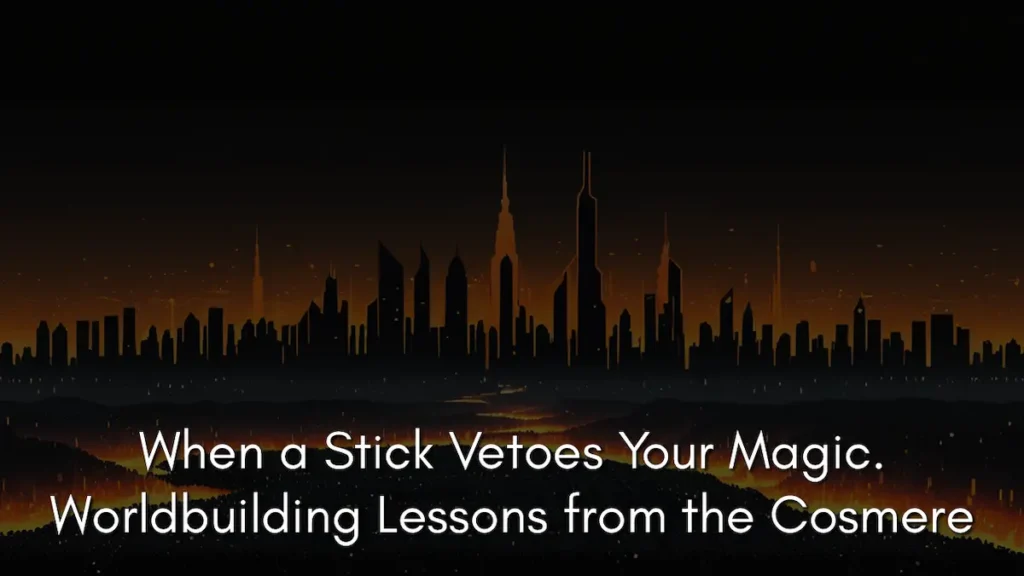A dark silhouetted city skyline against a glowing amber and orange background, reminiscent of how collective memory in the Cosmere manifests as burning cities in the Cognitive Realm. The image includes the text: "When a Stick Vetoes Your Magic. Worldbuilding Lessons from the Cosmere".