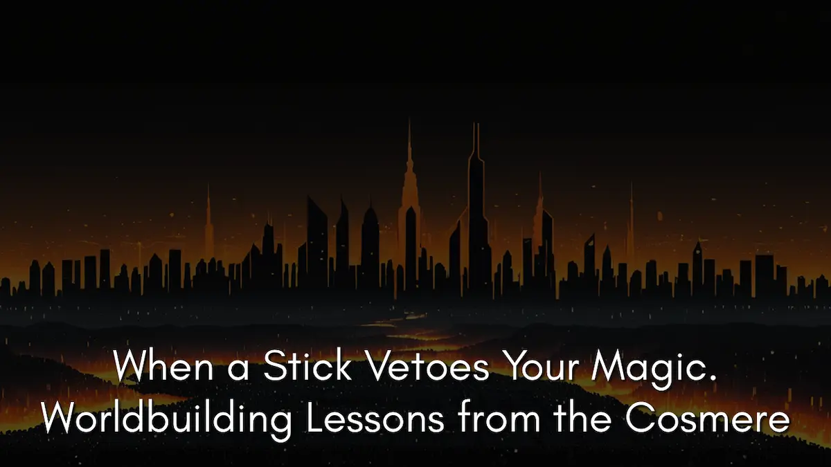 A dark silhouetted city skyline against a glowing amber and orange background, reminiscent of how collective memory in the Cosmere manifests as burning cities in the Cognitive Realm. The image includes the text: "When a Stick Vetoes Your Magic. Worldbuilding Lessons from the Cosmere".
