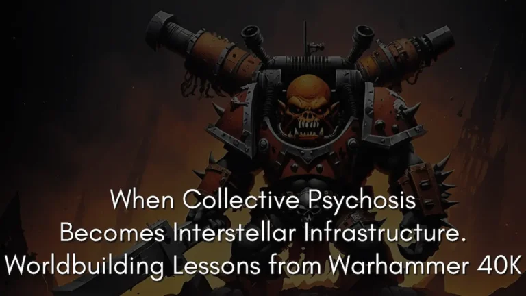 A high-contrast digital illustration of an Ork Nob in heavy, rusted orange power armor with massive mechanical exhaust pipes on its back, embodying the weaponized groupthink of collective memory in Warhammer 40K. The Ork has a menacing, tusked snarl and glowing red eyes, standing against a dark, smokey background. The text on the image reads: When Collective Psychosis Becomes Interstellar Infrastructure. Worldbuilding Lessons from Warhammer 40K.