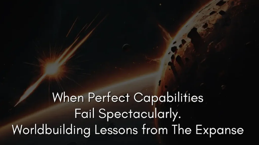 A cinematic space scene representing design vulnerabilities in The Expanse, showing an asteroid impact or explosion near a planet, with debris flying through the vacuum of space against a backdrop of stars. Overlaying the center of the image is white text that reads: "When Perfect Capabilities Fail Spectacularly. Worldbuilding Lessons from The Expanse."
