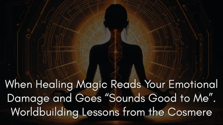 A dark silhouette of a person sitting in a meditative lotus position, centered against a glowing orange backdrop of intricate, geometric circular patterns that evoke the spiritual architecture of identity-aware magic in the Cosmere. A brilliant line of golden light runs vertically up the figure's spine, suggesting a soul’s blueprint being read or restored. The image contains text that reads: "When Healing Magic Reads Your Emotional Damage and Goes ‘Sounds Good to Me’. Worldbuilding Lessons from the Cosmere."