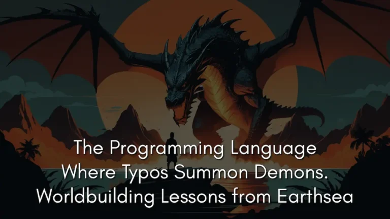 A dark, cinematic digital illustration depicting a small silhouetted figure standing on a rocky shoreline, facing a massive black dragon with glowing orange underscales. The dragon towers over the landscape against a large, dim orange sun setting behind jagged mountains. The white text overlay at the bottom reads: The Programming Language Where Typos Summon Demons. Worldbuilding Lessons from Earthsea. The scene illustrates the high stakes of magic activation in Earthsea.
