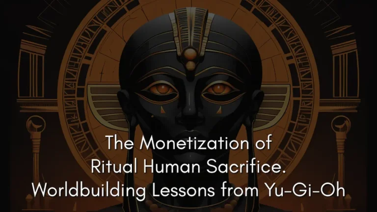 A dark, stylized illustration of a black and gold Egyptian figure or mask with glowing orange eyes, set against a backdrop of ancient, circular geometric symbols. The visual captures the ancient and lethal origins underlying magic activation in Yu-Gi-Oh. The white text at the bottom reads: The Monetization of Ritual Human Sacrifice. Worldbuilding Lessons from Yu-Gi-Oh.