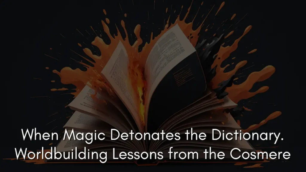 An open book sits on a dark surface, exploding with vibrant orange flames and splashes of orange and black ink that radiate outward. The image features the overlaid text: When Magic Detonates the Dictionary: Worldbuilding Lessons from the Cosmere. This visual captures how magic shapes language in the Cosmere by physically and metaphorically overwriting the fundamental way people communicate.