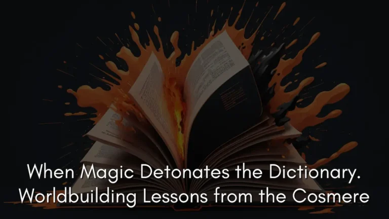 An open book sits on a dark surface, exploding with vibrant orange flames and splashes of orange and black ink that radiate outward. The image features the overlaid text: When Magic Detonates the Dictionary: Worldbuilding Lessons from the Cosmere. This visual captures how magic shapes language in the Cosmere by physically and metaphorically overwriting the fundamental way people communicate.