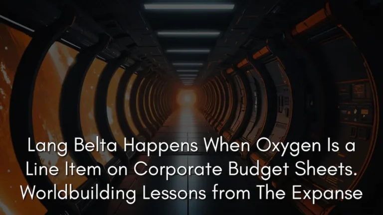 A dark, industrial spaceship corridor with circular structural ribs leading toward a distant light. Massive windows on the left reveal a glowing orange celestial body. The image serves as a visual metaphor for how power shapes language in The Expanse, featuring the text: "Lang Belta Happens When Oxygen Is a Line Item on Corporate Budget Sheets. Worldbuilding Lessons from The Expanse."