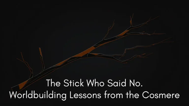 A minimalist illustration featuring a dark, near-black background with a single, slender tree branch or stick positioned diagonally across the frame. The stick is rendered in dark brown with occasional bright orange highlights, suggesting a slight glow or a crackling internal energy. At the bottom, white text reads "The Stick Who Said No. Worldbuilding Lessons from the Cosmere," a reference to the stubborn nature of sentient objects in the Cosmere that refuse to change their identity despite magical pressure.