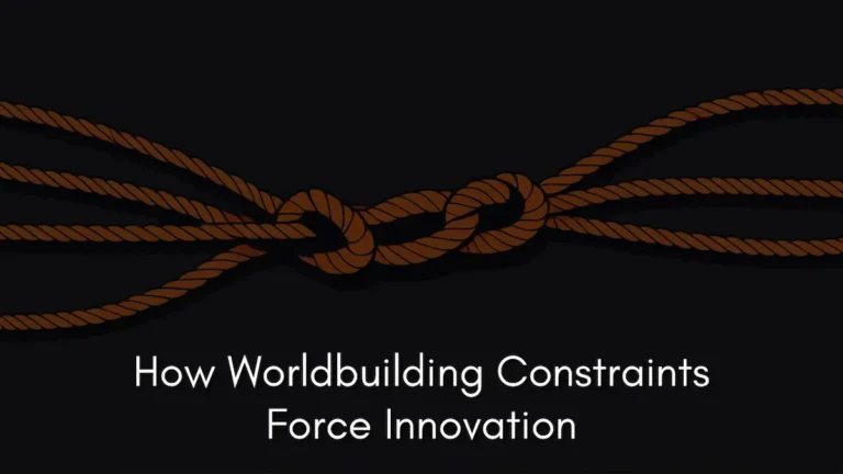 Several brown ropes tied into a complex, tight knot under tension, illustrating the binding power of worldbuilding constraints. Text on image: How Worldbuilding Constraints Force Innovation.