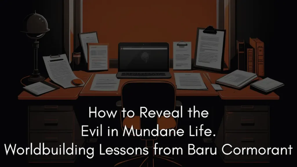 A dark, organized bureaucrat's desk with scattered papers and a laptop, illustrating the administrative nature of worldbuilding constraints in Baru Cormorant. Text on image: How to Reveal the Evil in Mundane Life. Worldbuilding Lessons from Baru Cormorant.