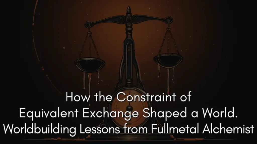 A dark silhouette of a brass scale with liquid dripping from the pans, illustrating the heavy physical toll of worldbuilding constraints in Fullmetal Alchemist. Text on image: How the Constraint of Equivalent Exchange Shaped a World. Worldbuilding Lessons from Fullmetal Alchemist.