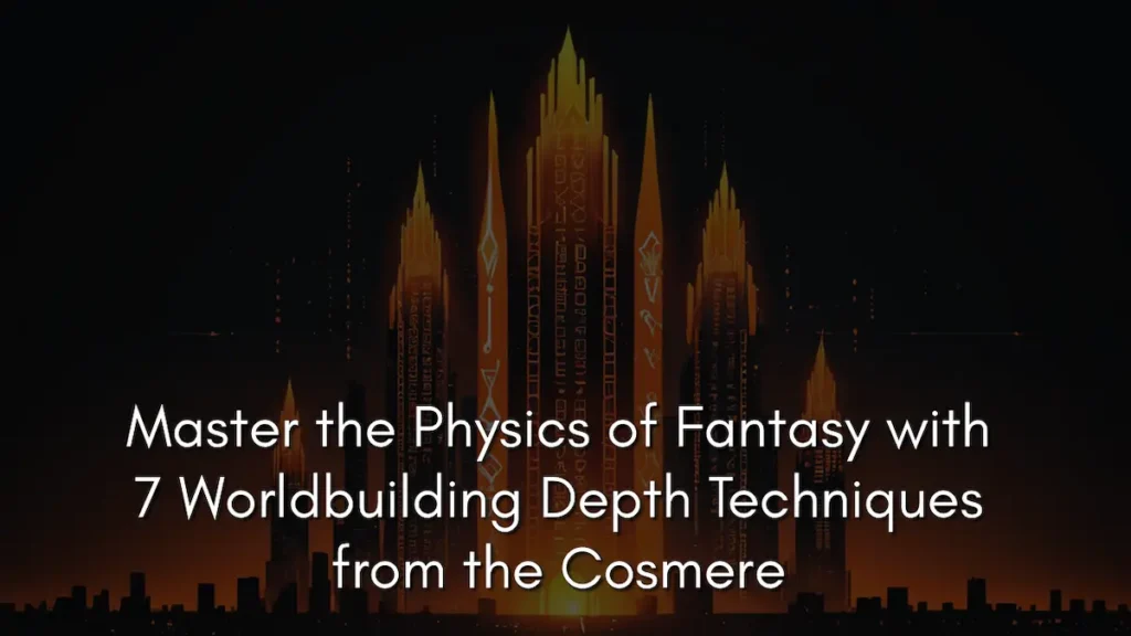 A cinematic cityscape featuring glowing, crystalline spires etched with magical runes, representing worldbuilding depth techniques from the Cosmere. Text reads: Master the Physics of Fantasy with 7 Worldbuilding Depth Techniques from the Cosmere