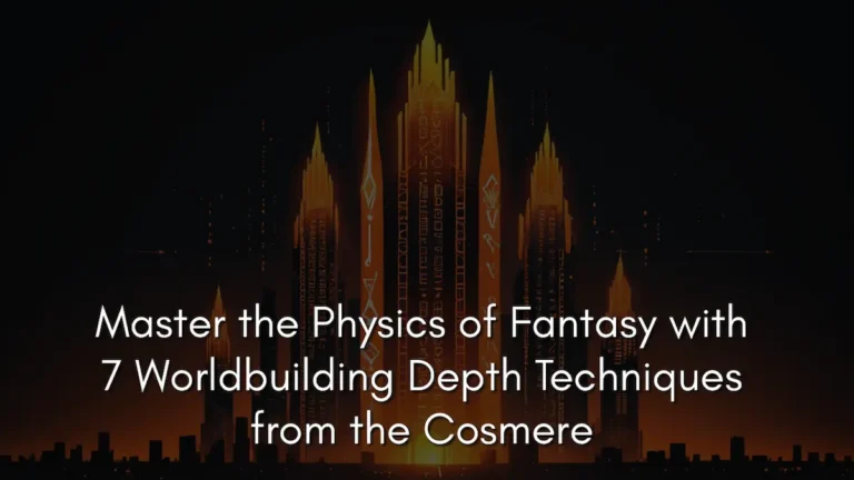 A cinematic cityscape featuring glowing, crystalline spires etched with magical runes, representing worldbuilding depth techniques from the Cosmere. Text reads: Master the Physics of Fantasy with 7 Worldbuilding Depth Techniques from the Cosmere