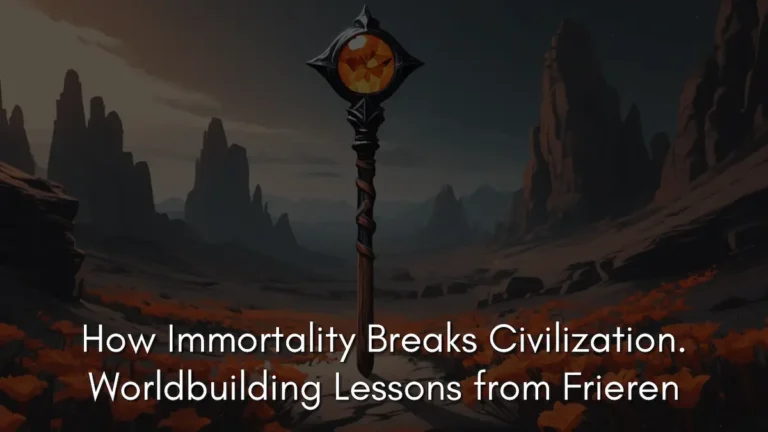 A detailed magical wooden staff with an orange, glowing gemstone at its head stands upright in the center of a desolate mountain valley. In the foreground, small patches of orange flowers dot the rocky ground. The background consists of jagged, dark mountain silhouettes under a twilight sky, illustrating the quiet aftermath and worldbuilding ripple effects in Frieren. Text on image: How Immortality Breaks Civilization. Worldbuilding Lessons from Frieren.