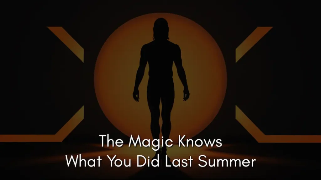 A dark, minimalist banner featuring a black silhouette of a person standing centered in front of a large, glowing orange circle, creating a halo effect. The silhouette stands within a dimly lit corridor flanked by geometric, angular orange lines on either side. The text centered at the bottom reads, "The Magic Knows What You Did Last Summer," capturing the intrusive and diagnostic nature of identity-aware magic.