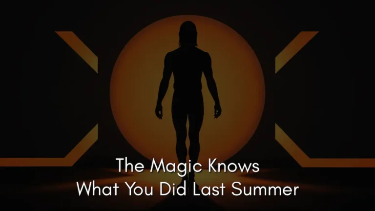 A dark, minimalist banner featuring a black silhouette of a person standing centered in front of a large, glowing orange circle, creating a halo effect. The silhouette stands within a dimly lit corridor flanked by geometric, angular orange lines on either side. The text centered at the bottom reads, "The Magic Knows What You Did Last Summer," capturing the intrusive and diagnostic nature of identity-aware magic.