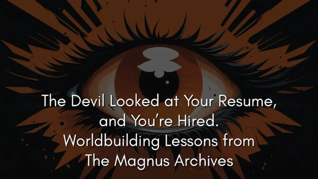 A stylized, orange and black graphic featuring a large, wide-eyed central eye with long, sharp eyelashes. The pupil of the eye contains a white, mushroom-like shape. The background is dark with jagged, radiating lines that resemble light or shattered glass. Centered over the eye is the white text: The Devil Looked at Your Resume, and You’re Hired. Worldbuilding Lessons from The Magnus Archives. This image illustrates the concept of identity-aware magic in The Magnus Archives, where cosmic forces observe and hire individuals based on their inherent traits.