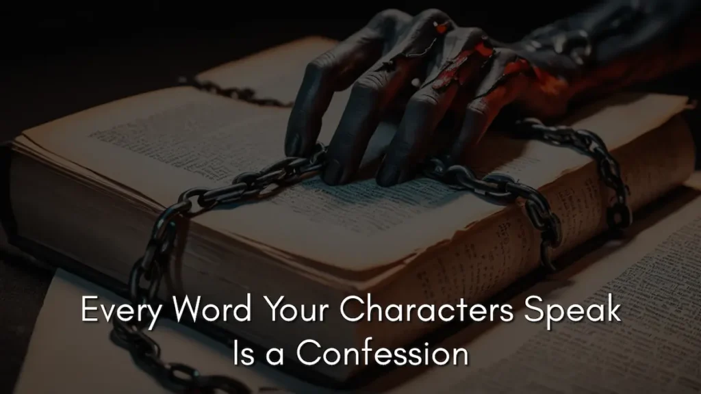 An open, weathered book bound by heavy iron chains, featuring a dark, metallic hand resting across the pages with glowing red embers visible beneath its skin. The text overlay reads, "Every Word Your Characters Speak Is a Confession," illustrating the concept of how power shapes language through visible restraint and hidden costs.