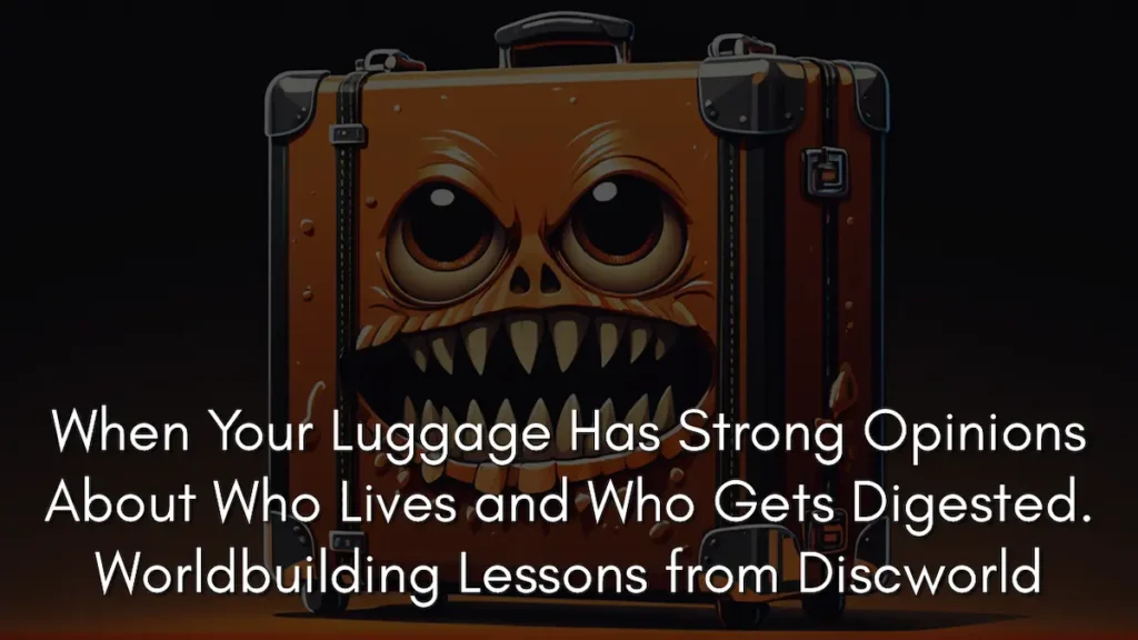 An orange, leather-bound travel trunk with a menacing, monstrous face featuring large wide eyes and a mouth full of jagged, sharp teeth. This illustration depicts one of the most famous sentient objects in Discworld, the Luggage. The white text overlay at the bottom reads: "When Your Luggage Has Strong Opinions About Who Lives and Who Gets Digested. Worldbuilding Lessons from Discworld."