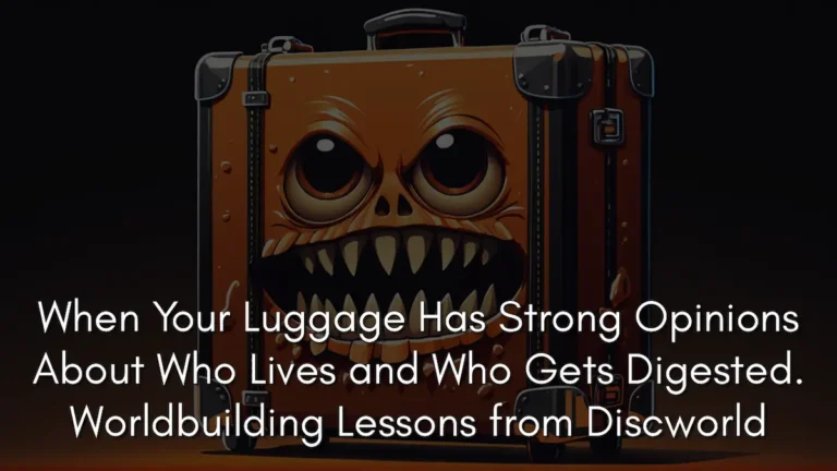 An orange, leather-bound travel trunk with a menacing, monstrous face featuring large wide eyes and a mouth full of jagged, sharp teeth. This illustration depicts one of the most famous sentient objects in Discworld, the Luggage. The white text overlay at the bottom reads: "When Your Luggage Has Strong Opinions About Who Lives and Who Gets Digested. Worldbuilding Lessons from Discworld."