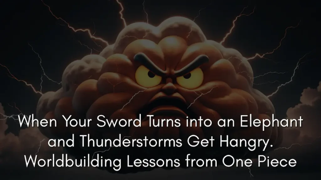 A dark, cinematic 3D illustration of an angry, anthropomorphic thundercloud with a furrowed brow and glowing yellow eyes, surrounded by orange and white lightning bolts against a moody sky. This visual represents the chaotic nature of sentient objects in One Piece, specifically Big Mom’s thundercloud Homie, Zeus. Overlaying the center is white text that reads: When Your Sword Turns into an Elephant and Thunderstorms Get Hangry. Worldbuilding Lessons from One Piece.