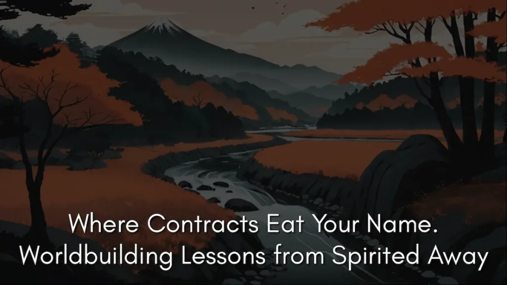 A dark, atmospheric digital illustration of a winding river flowing through a valley of trees with deep orange foliage, leading toward a distant mountain peak under a moody sky. The serene yet shadowy environment reflects the environmental themes and the intrinsic magic in Spirited Away. White text overlaid at the bottom of the image reads: "Where Contracts Eat Your Name. Worldbuilding Lessons from Spirited Away".